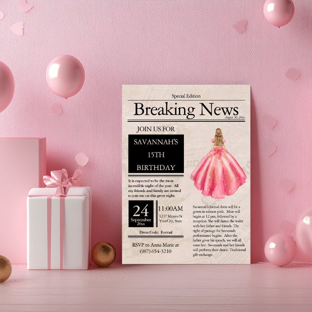 Vintage Zeitung Quinceañera Lachs Pink Einladung (Von Creator hochgeladen)