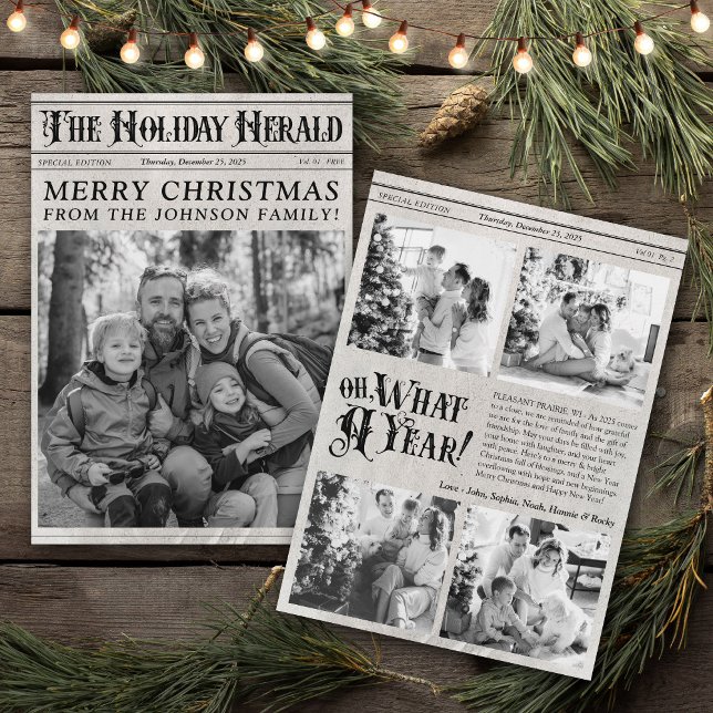 Vintage Zeitung Was für ein Jahr Foto Weihnachten (Unique modern vintage newspaper multi-photo what a year Holiday Herald best Christmas photo cards )