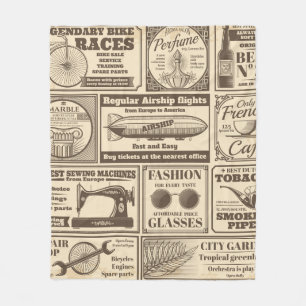 Vintage Zeitungsbanner und Werbeetiketten v Fleecedecke