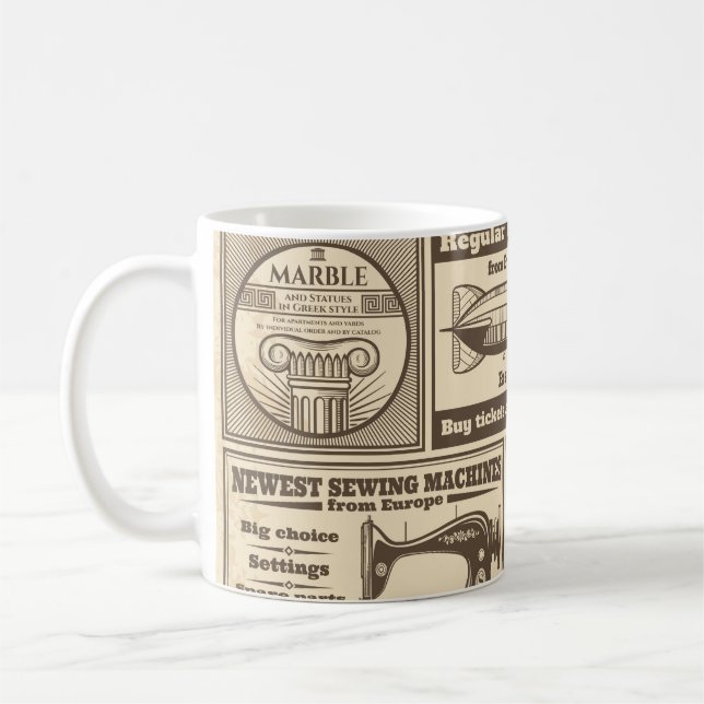 Vintage Zeitungsbanner und Werbeschriften / Kaffeetasse (Links)