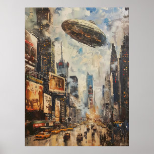 Vintage-Zeppelin-Luftschiff-Ölgemälde New York Met Poster