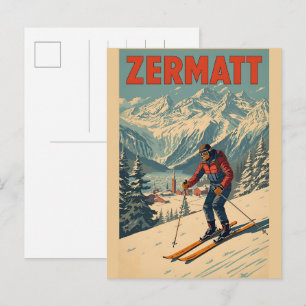 Vintage ZERMATT Skier Schweiz Naturgeschenke Postkarte