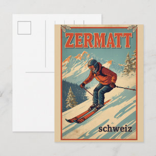 Vintage ZERMATT Skier Schweiz Naturgeschenke Postkarte