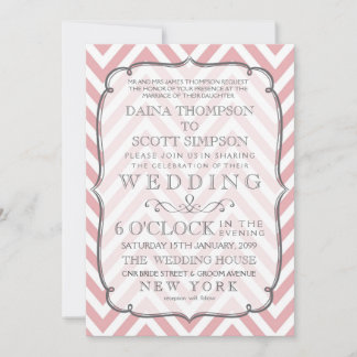 Vintage Zickzack Streifen Hochzeit Weiß und Rosa Einladung