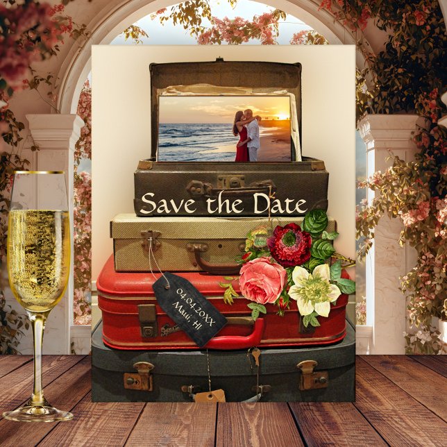 Vintage Zieladresse Save the Date Postkarte (Vintage destination wedding or travel Save the Date postcard with your photo on retro suitcases)