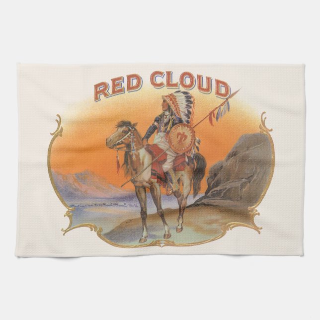 Vintage Zigar Label Art, Red Cloud Indian on Horse Geschirrtuch (Horizontal)