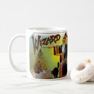 Vintage Zigarrenetikett, Magischer Zauberer mit sc Tasse