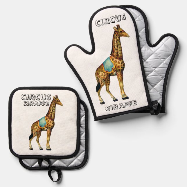 Vintage Zirkus-darstellende Giraffe Ofenhandschuh & Topflappen-Set (Vorderseite/Rückseite)