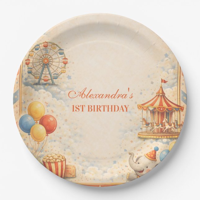 Vintage-Zirkus-Märchen-Geburtstag Pappteller (Vorderseite)