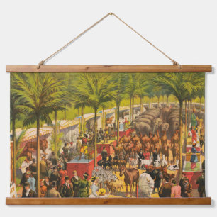 Vintage-Zirkusposter mit Tieren und Darstellern Wandteppich Mit Holzrahmen