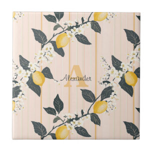 Vintage Zitronen & Blüten auf rosa Streifen Fliese