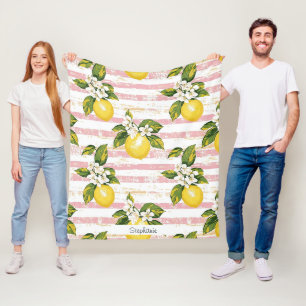 Vintage Zitronen & Blüten auf rosa und weißen Stre Fleecedecke