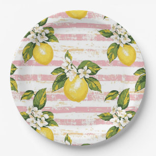 Vintage Zitronen & Blüten auf rosa und weißen Stre Pappteller