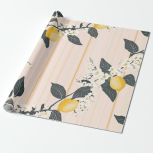Vintage Zitronen und Blüten auf rosa Streifen Geschenkpapier