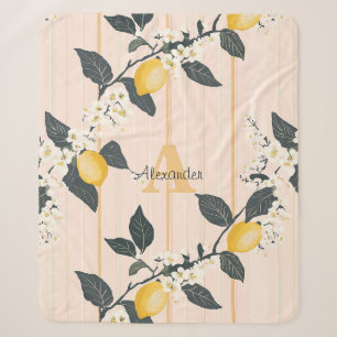 Vintage Zitronen und Blüten auf rosa Streifen Sherpadecke
