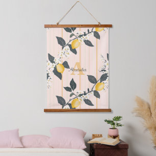Vintage Zitronen und Blüten auf rosa Streifen Wandteppich Mit Holzrahmen
