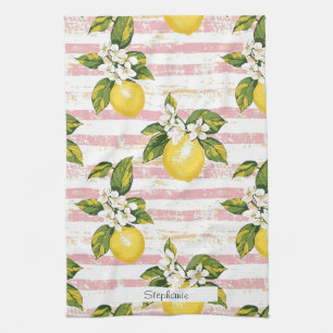 Vintage Zitronen und Blüten auf rosa und weiße Str Geschirrtuch