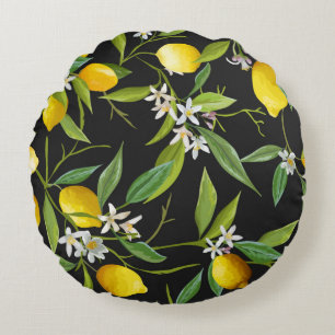 Vintage Zitronenfrüchte und Blume auf dunklem Hint Rundes Kissen