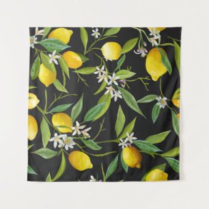 Vintage Zitronenfrüchte und Blume auf dunklem Hint Wandteppich