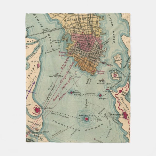 Vintage zivile Kriegs-Karte Charleston Sc (1865) Fleecedecke (Vorderseite)