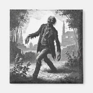 Vintage Zombie Etching Horror Spooky Untot Magnet
