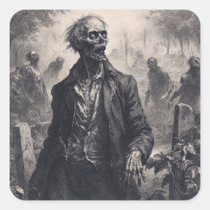 Vintage Zombie Etching Horror Spooky Untot Quadratischer Aufkleber