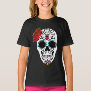 Vintage Zucker-Schädel rote Rosen T-Shirt