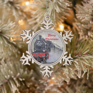 Vintage-Zug-Dampf-Lok-Foto Weihnachten Schneeflocken Zinn-Ornament