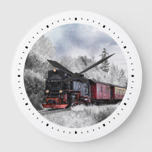 Vintage-Zug fährt durch Winterlandschaft Große Wanduhr