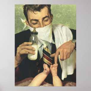 Vintage zum Vatertag, Papa gibt Baby eine Flasche Poster