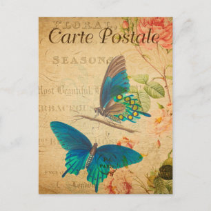 Vintage Zwei blaue Schmetterlinge Floral Blumen Fr Postkarte