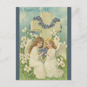 Vintage Zwei Engel Mit Kreuz Blaue Blumen Ostern Postkarte