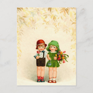 Vintage zwei Kinder und Blumen Postkarte