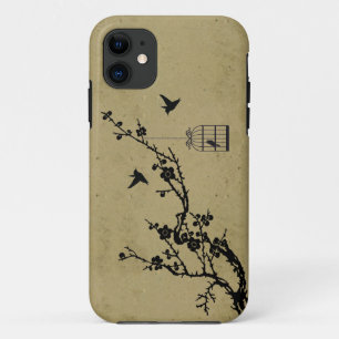 Vintage Zweig mit Kirschblüten und Silhouette von iPhone 11 Hülle