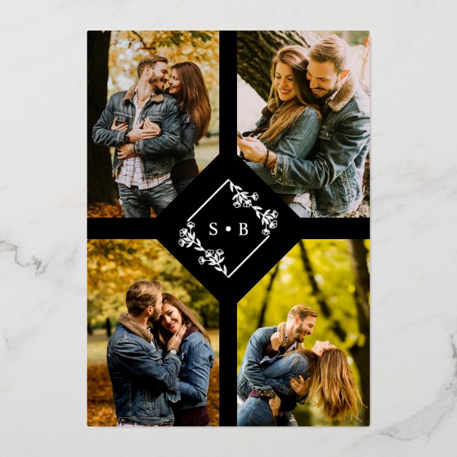 Vintage Zweige Diamond Shape Silver 4 Fotos Folieneinladung (Vorderseite)