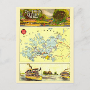 Vintage-Zwillingstädte-Karte Postkarte