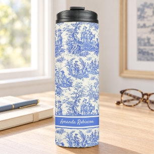 Vintageblaue Toile-de-Jouy-Drucke Thermosbecher