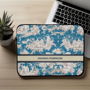 Vintageblaue Türkis-Toile-de-Jouy-Monogramm Laptopschutzhülle