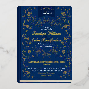 Vintageblaue und goldene florale Buchcover-Hochzei Folieneinladung