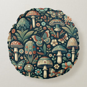 Vintagefarbene Schmetterlinge, Pilze und Laub Rundes Kissen