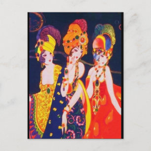 Vintagefarbige Deco-Frauen mit Schmuck Postkarte