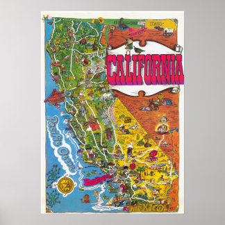 Vintagefarbige Kalifornien-Karte Poster 1976