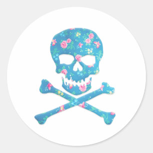 Vintagefarbiger Totenkopf mit rosa und blauen Blum Runder Aufkleber