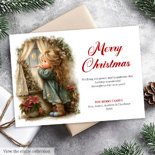 Vintagehaftes kleines Mädchen wartet auf Santa Dig Feiertagskarte