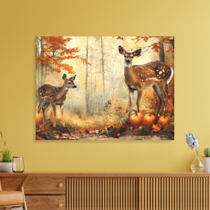 Vintagehirsch und -kitz in Herbstlaub 32x24 Leinwanddruck