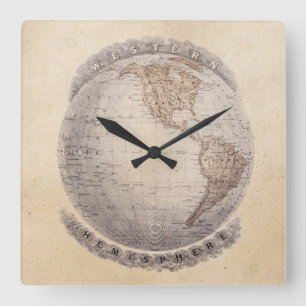 Vintagen 1800er Weltkarte Western Hemisphäre Globe Quadratische Wanduhr