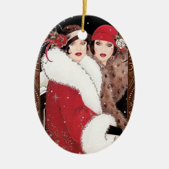 Vintagen 1920er Frauen in Wintermänteln Keramik Ornament (Vorne)