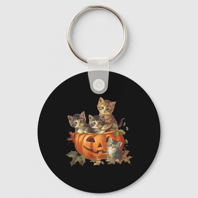 Vintagen 90er Cat Retro Pumpkin Kätzchen Halloween Schlüsselanhänger (Vorderseite)