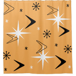 Vintagen Boomerangs and Stars Orange der 50er Jahr Duschvorhang