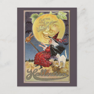 Vintagen Charme des Hexenhundes Halloween Postkarte
